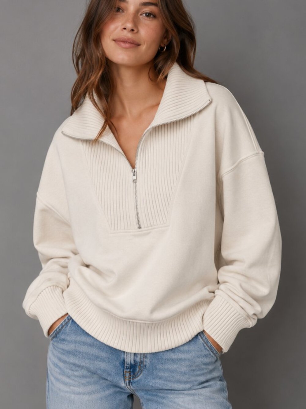 Aerie Oversized Half Zip Sweatshirt Ribbed Collared Pullover Women's Size Medium